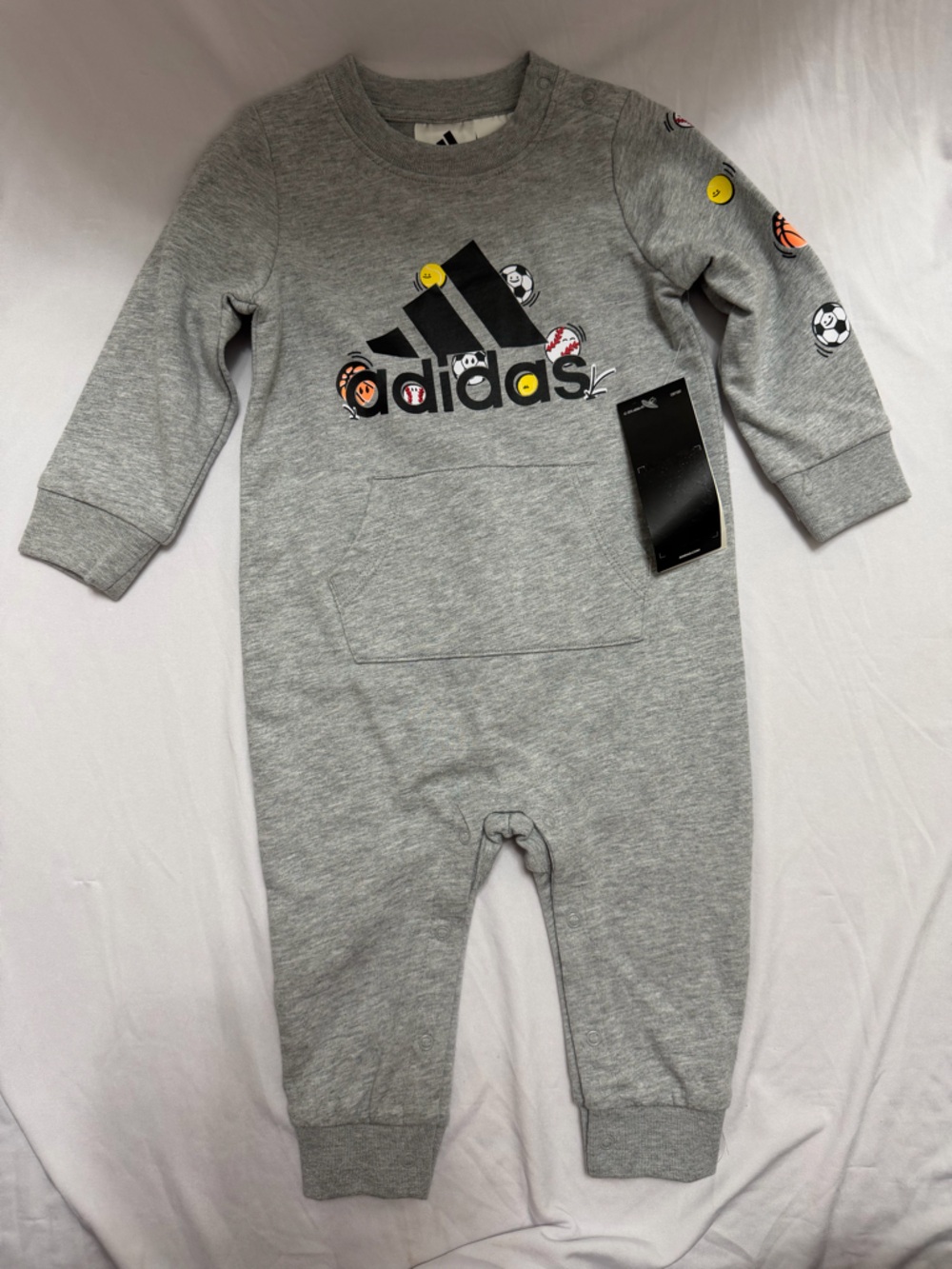 Adidas Baby Romper Gray Sports Balls Logo Snap One Piece NWT 9M